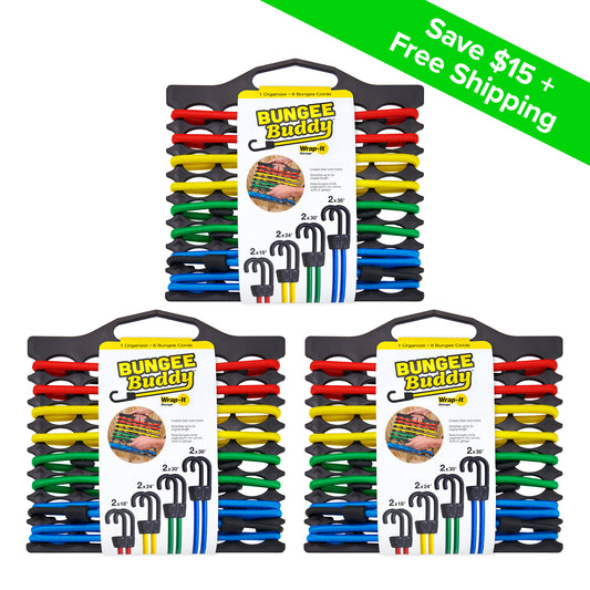 Bungee Buddy® - Bungee Cord Organizer + 8 Bungee Cords (3-Pack)