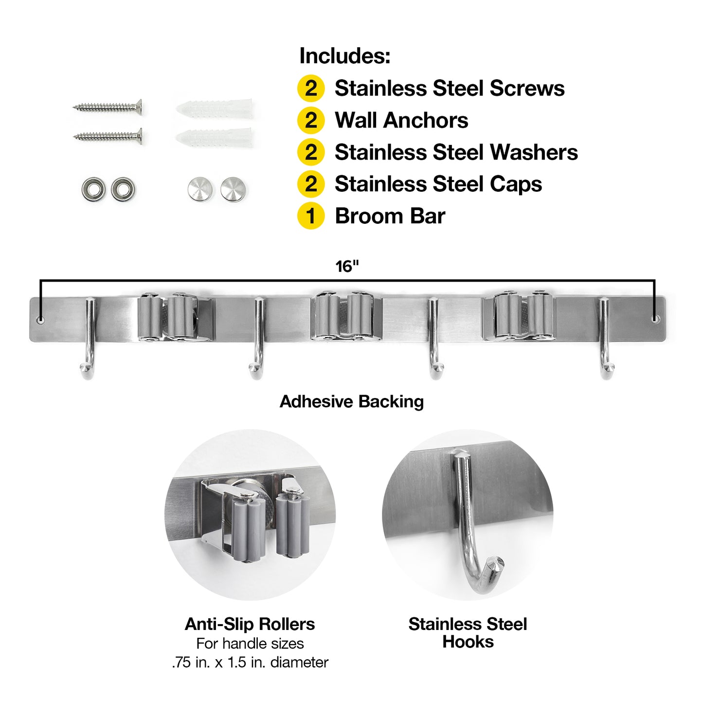 Broom Bar™ - Broom Holder with Hooks