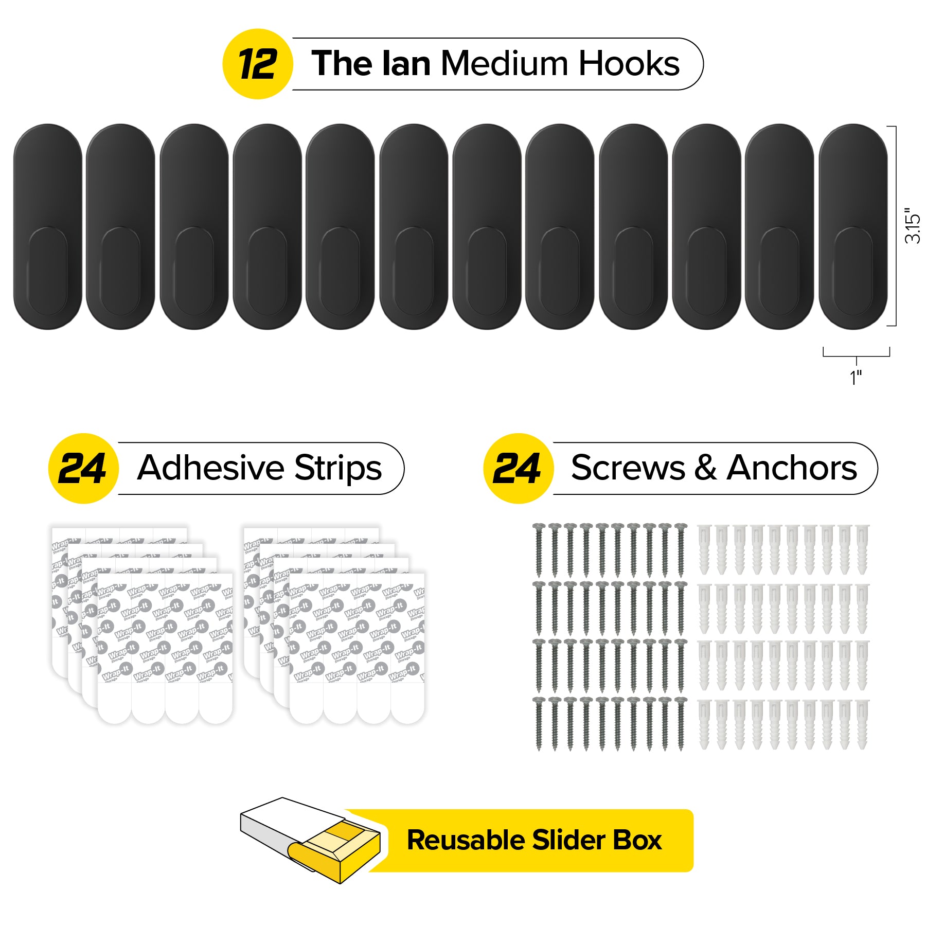 Handy Hooks™ - The Ian - Medium (12-Pack) - Wrap-It Storage