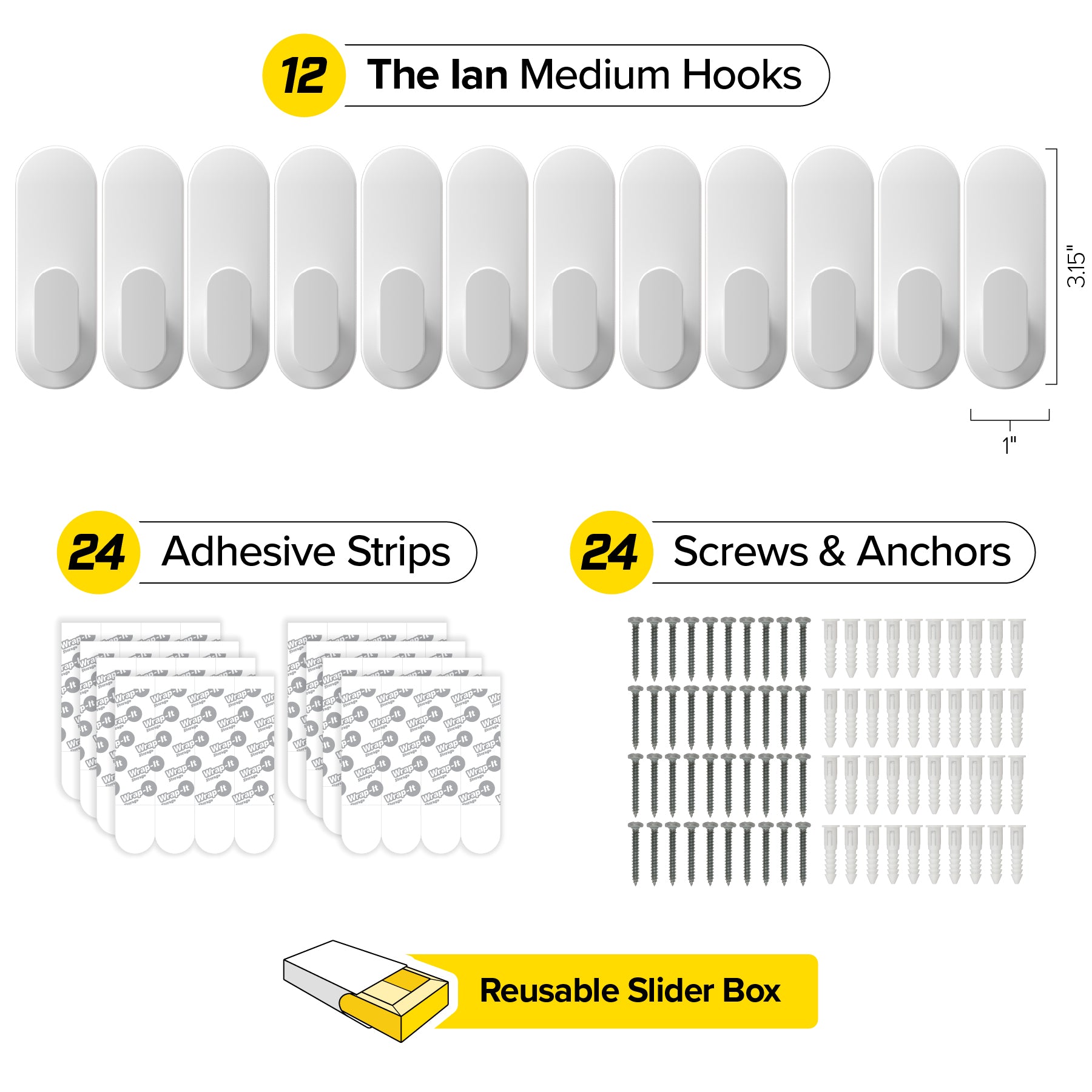 Handy Hooks™ - The Ian - Medium (12-Pack) - Wrap-It Storage