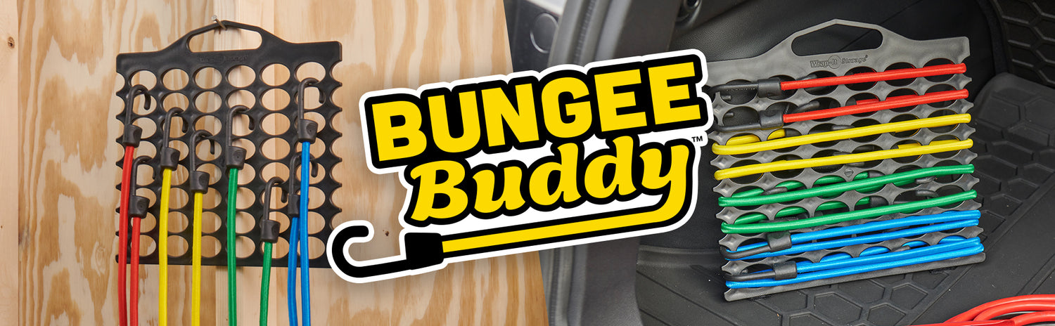 Bungee Buddy logo and photos in use in garage and trunk of car