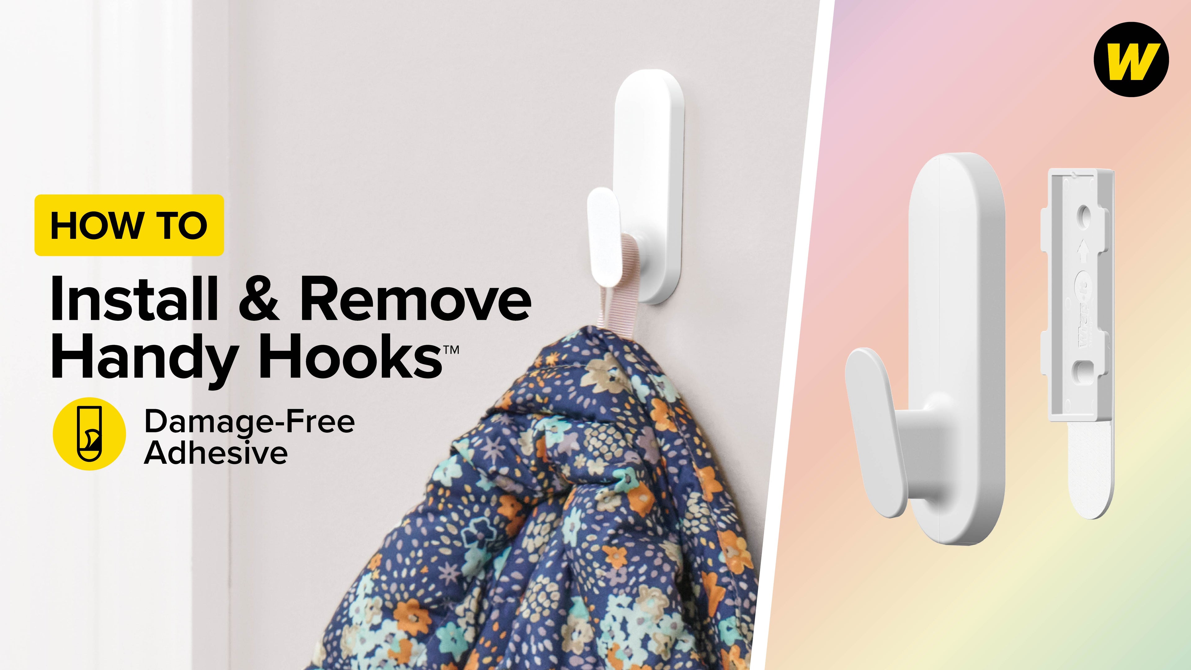 Load video: Learn how to install and remove Handy Hooks using our damage-free adhesive strips. Small footprint, serious strength! Medium holds up to 3 lbs, Large up to 5 lbs. Need more holding power or mounting flexibility? Switch to the permanent hardware mounting method.