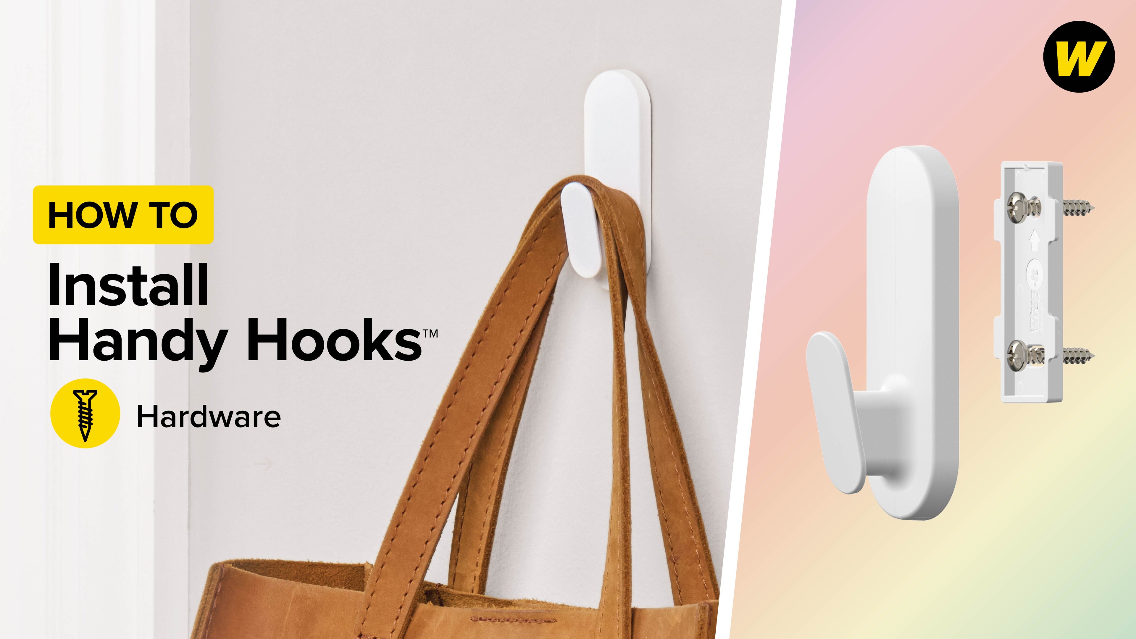 Load video: Learn how to install and remove Handy Hooks using our included hardware. Small footprint, serious strength! Medium holds up to 10 lbs, Large up to 15 lbs. Prefer flexibility or need a renter-friendly option? Use the damage-free adhesive strips.