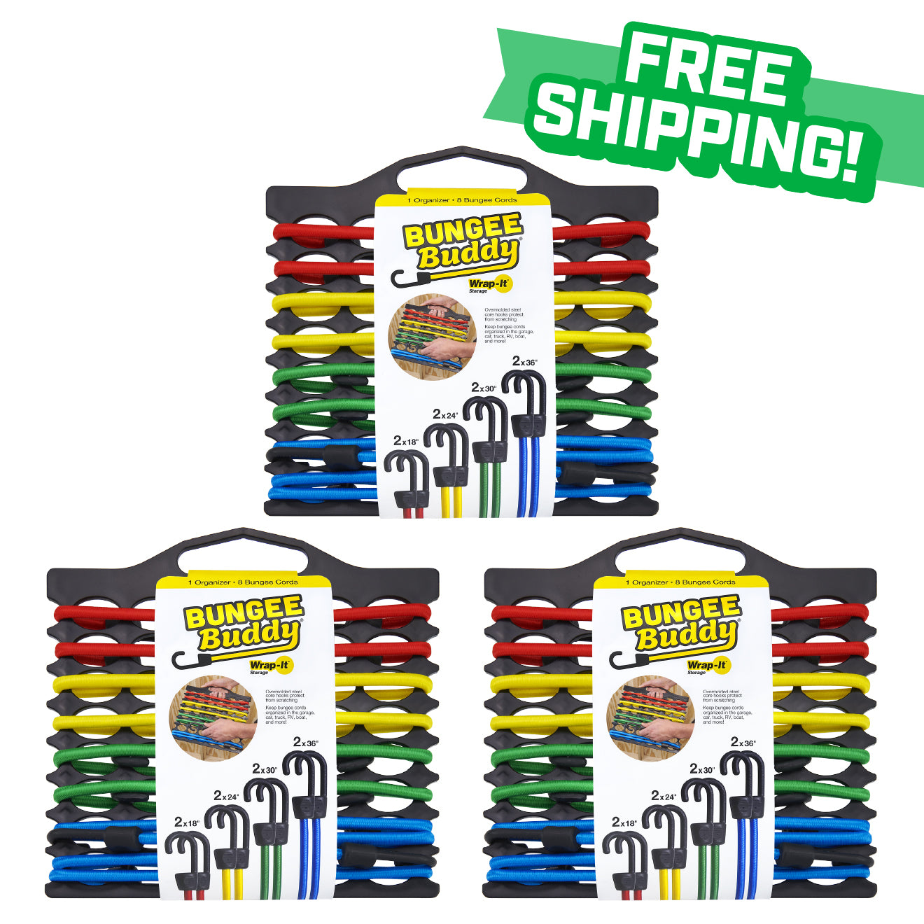 Bungee Buddy® - Bungee Cord Organizer + 8 Bungee Cords (3-Pack)