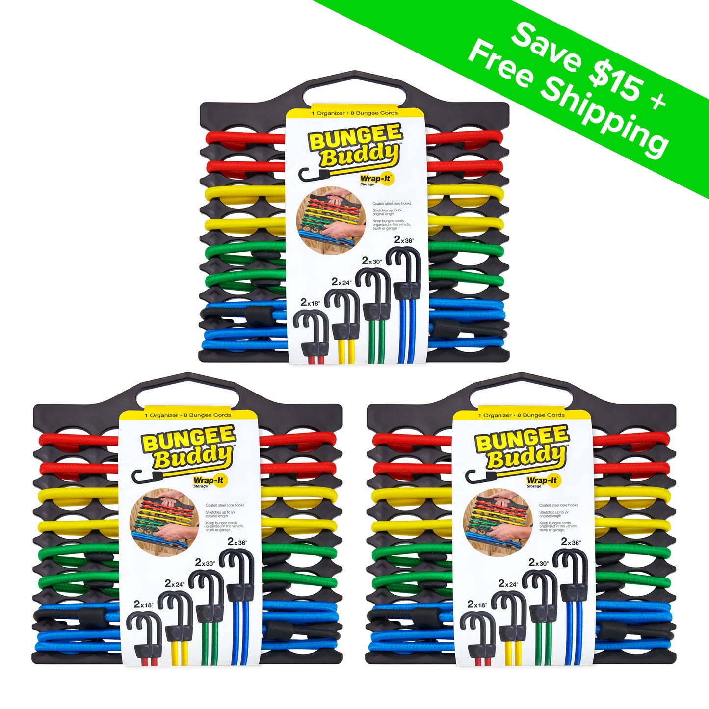 Bungee Buddy™ - Bungee Cord Organizer + 8 Bungee Cords (3-Pack)