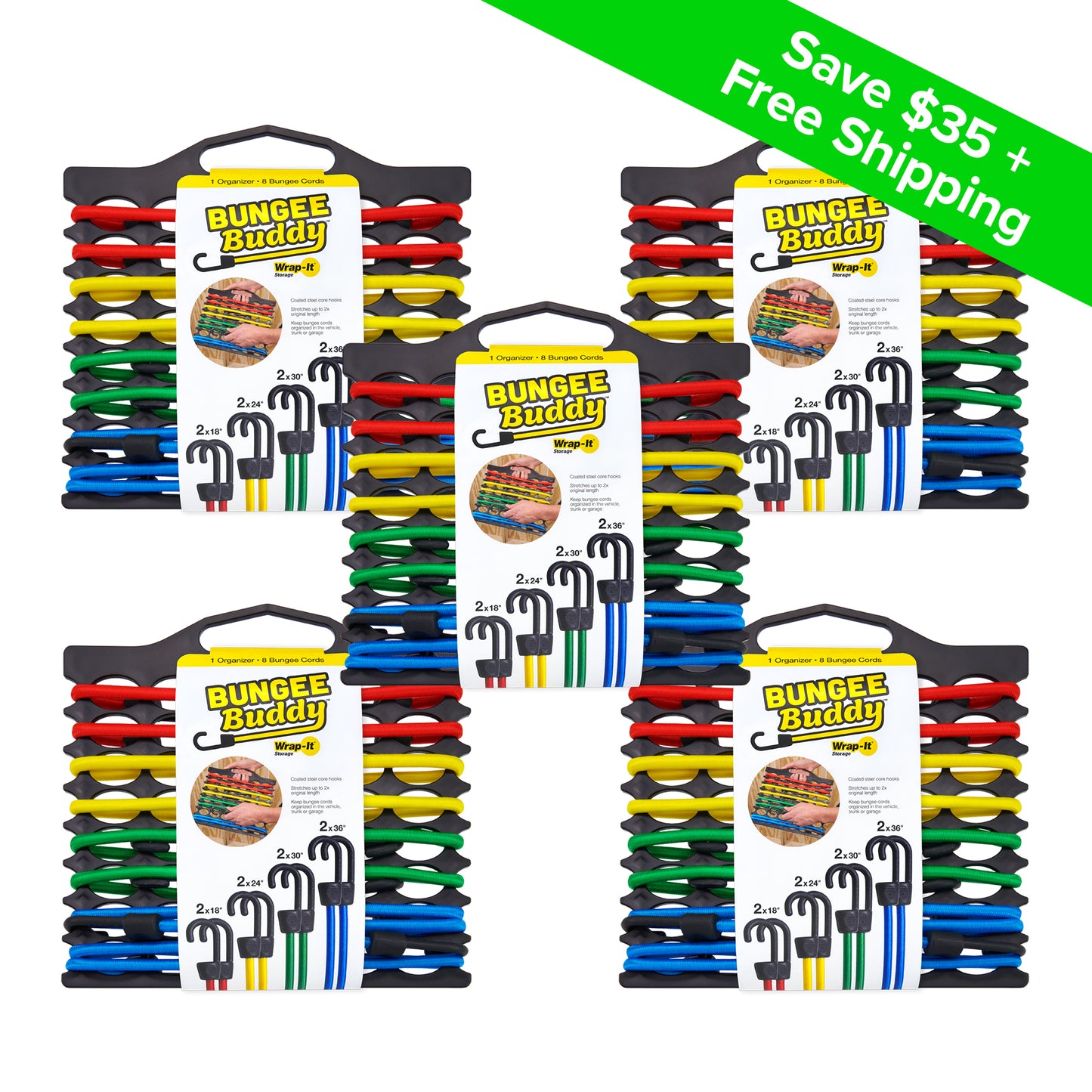 Bungee Buddy™ - Bungee Cord Organizer + 8 Bungee Cords (5-Pack)
